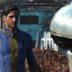 Fallout 4 console commands: a man wearing a blue jumpsuit stands in front of a shiny silver robot.