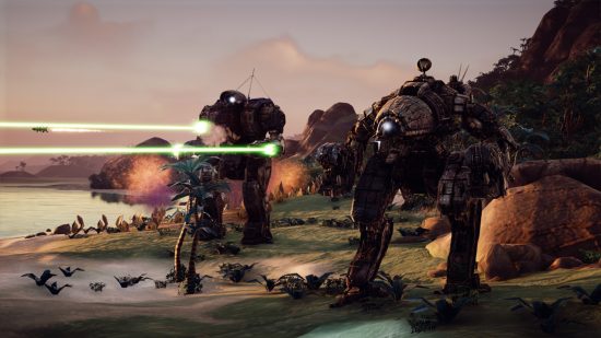 Best robot games - Mechs shooting lasers across the beach in BattleTech.