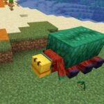 Minecraft mobs: The Minecraft sniffer lies on the ground, having recovered a Torchflower seed