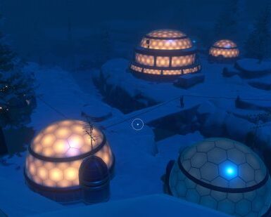 Raft Temperance walkthrough: a raised view of the lit igloos for the puzzle