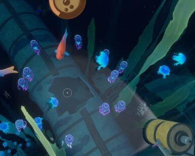 Raft Varuna Point walkthrough: Looking down on the spotlights with jellyfish in the water