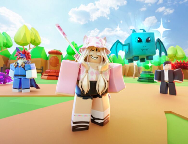 Roblox promo codes: a Roblox character wearing pink and standing next to a blue flying bat creature.