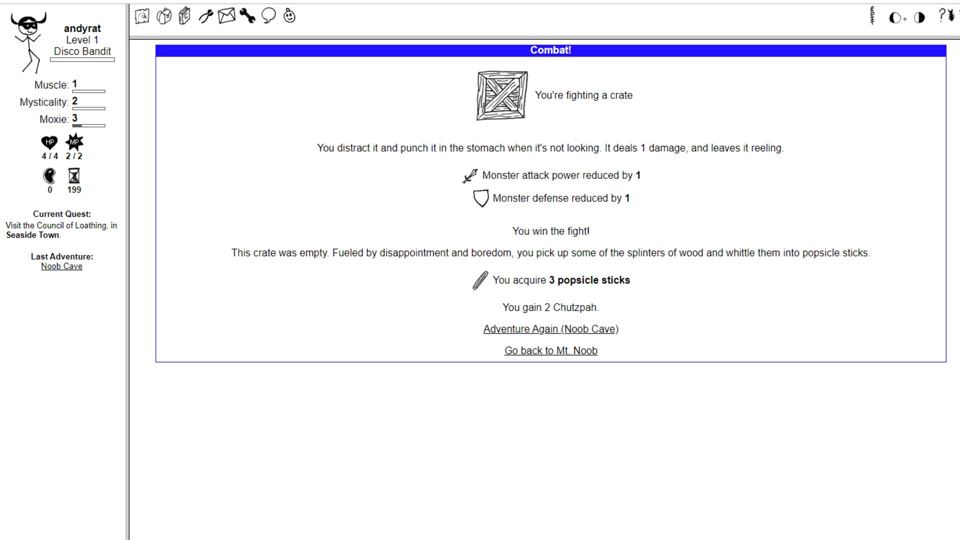 Online games: Kingdom of Loathing. Image shows the player battling a crate.