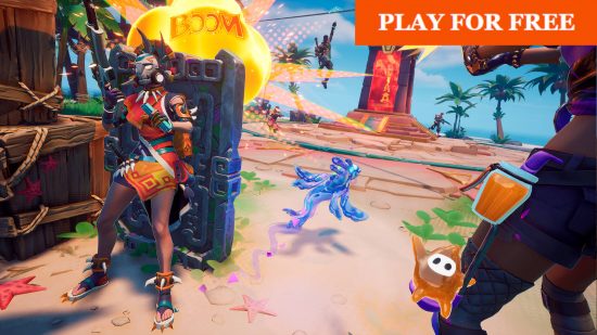 Best multiplayer games: A tribal warrior sends out her spirit as she reloads behind a tablet. Another player is shooting while her spirit waves to the camera.