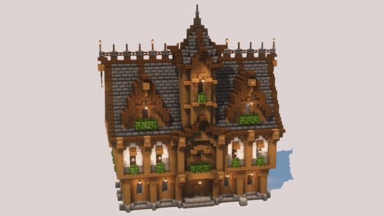 A majestic Minecraft manor house built from spruce, deepslate bricks, and other easy-to-gather resources.